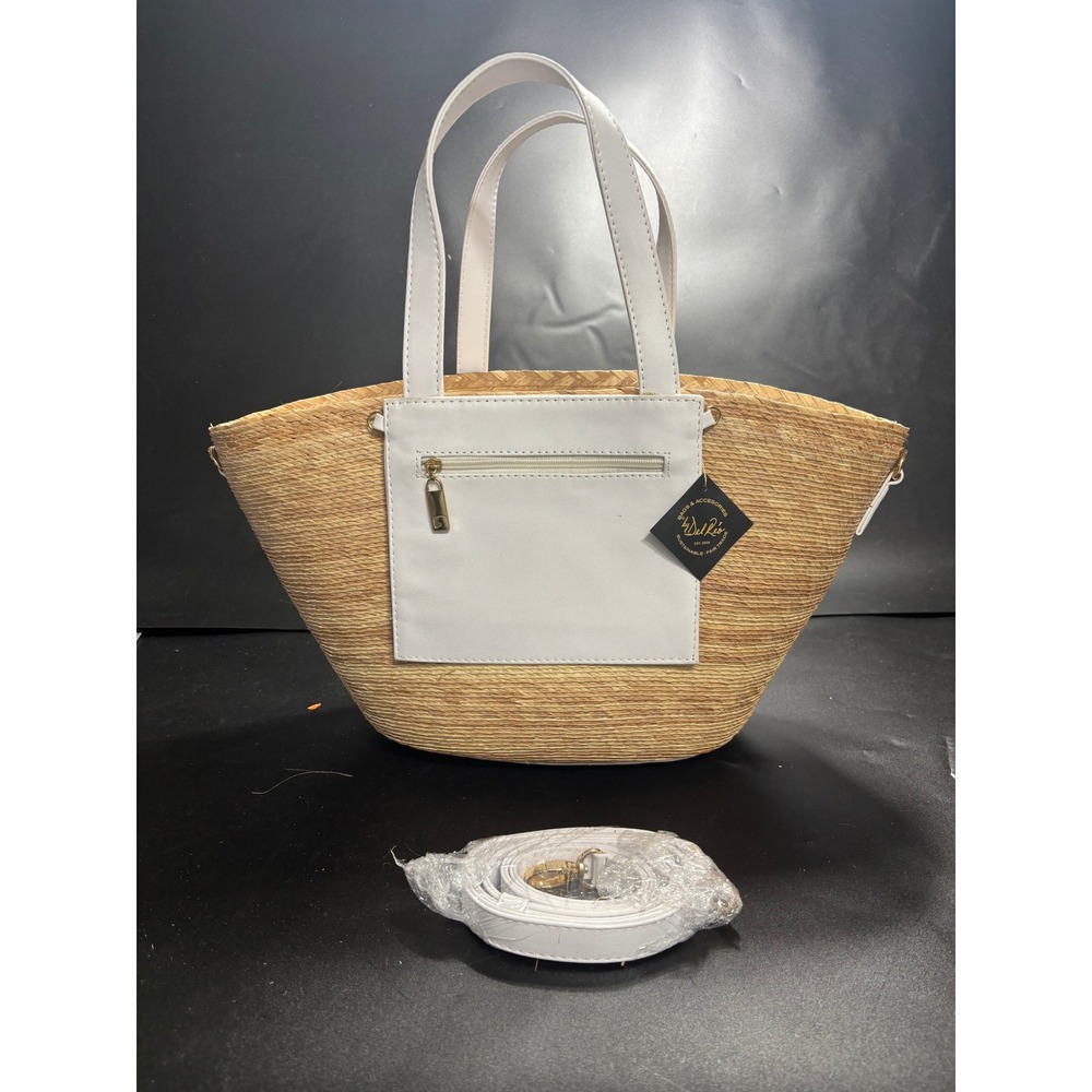 Del Rio Sustainable Woven‎ Straw Tote Bag White Vegan Leather Trim New With Tags